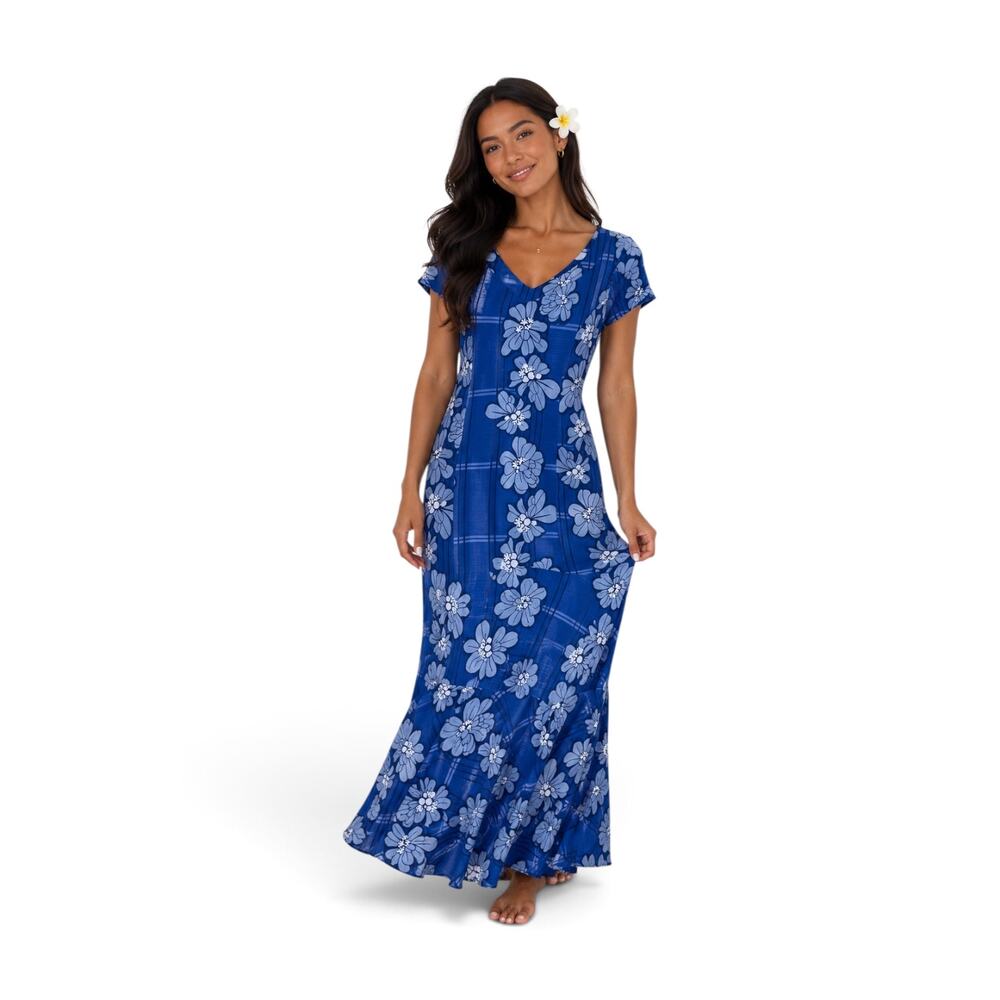 Cintas Vintage Hawaiian Maxi Dress Size 8 Blue Floral Flower Plaid Short Sleeve